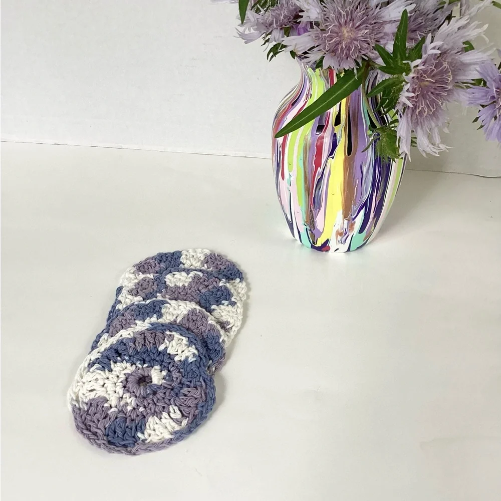 Coaster Set Hand Crafted Purple White Cotton Crochet Bar Cart Essentials